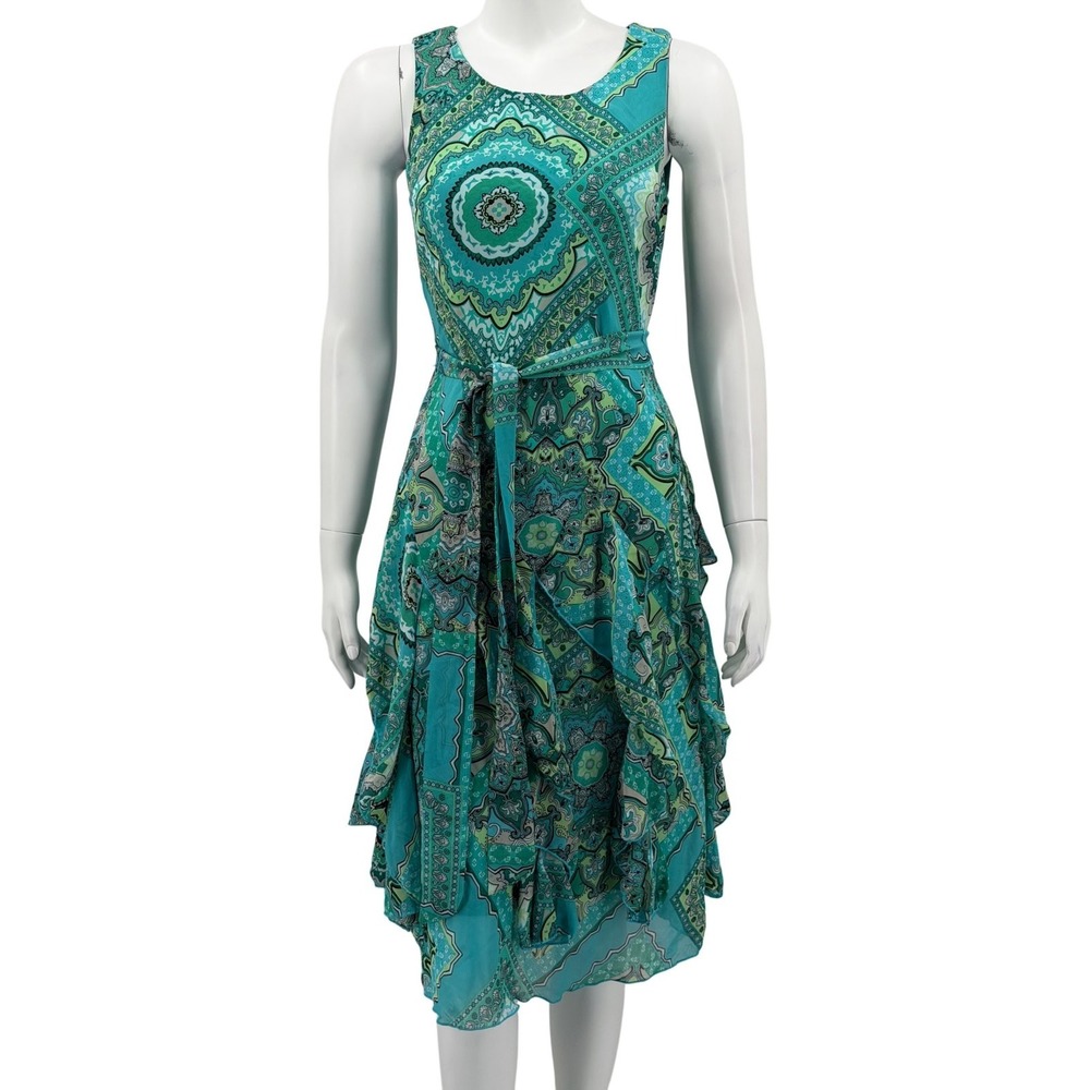 Robbie Bee Dress Women 4 Green Blue Paisley Mandala Ruffle Boho Summer Whimsical